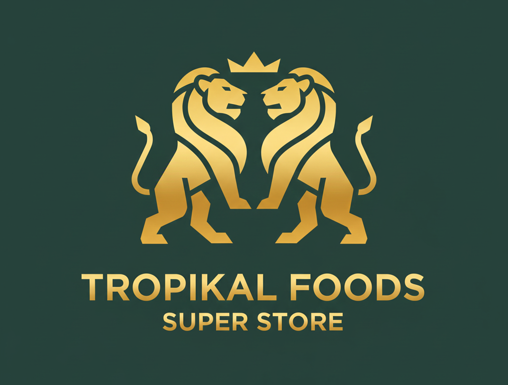 Tropikal Foods Super Store logo — two golden lions flanking a crown